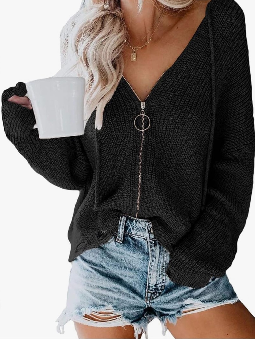 Women’s Black Hooded Zip Loose Knit Sweater